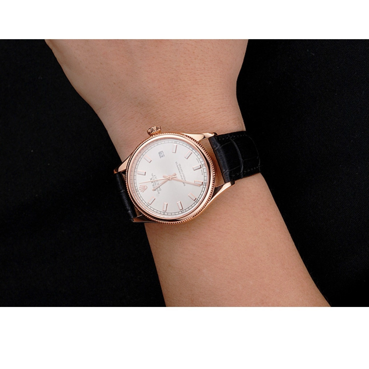 Aaa fake watches Black Datejust Gold Strap Swiss Rose Dial Leather Rolex Case White 0728